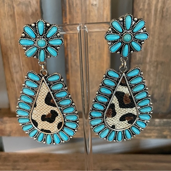 Jewelry - New - Faux Turquoise and Leopard Teardrop Earrings